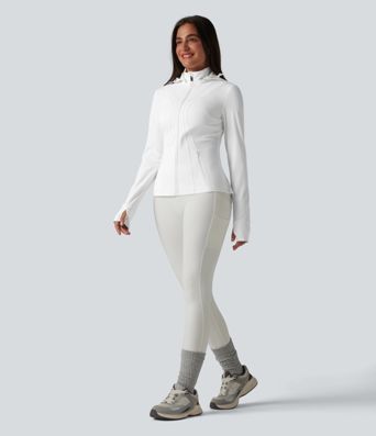 Removable Hood Thumb Holes Ruffle Hem Slim Hiking Jacket