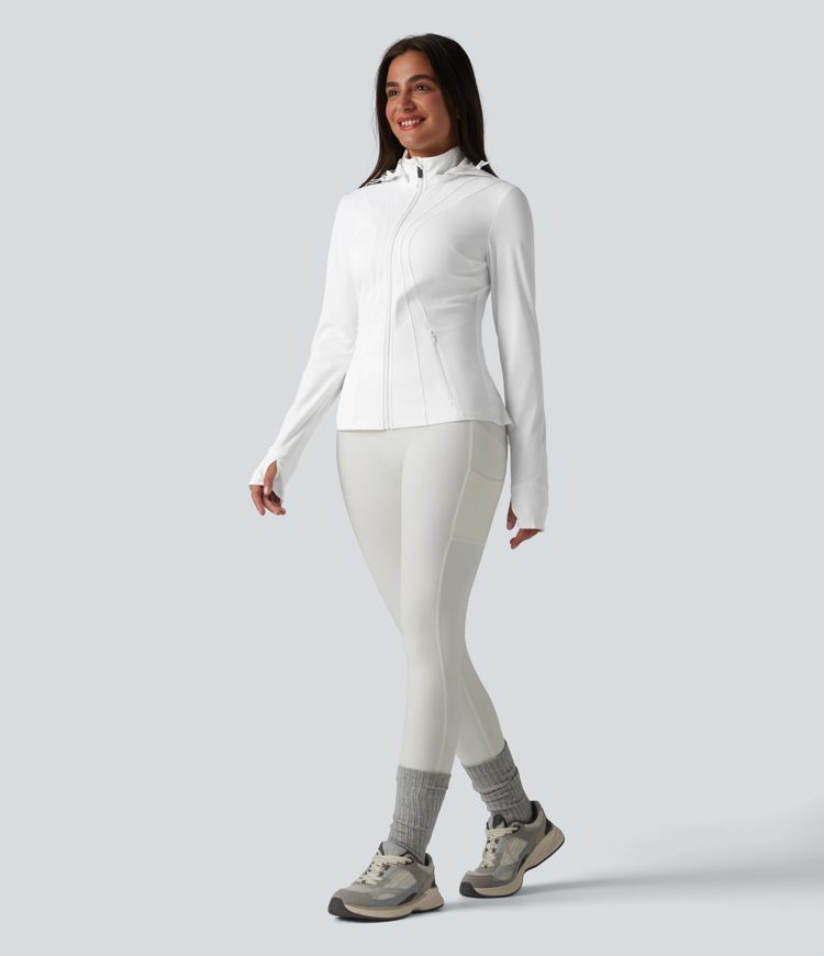 Removable Hood Thumb Holes Ruffle Hem Slim Hiking Jacket