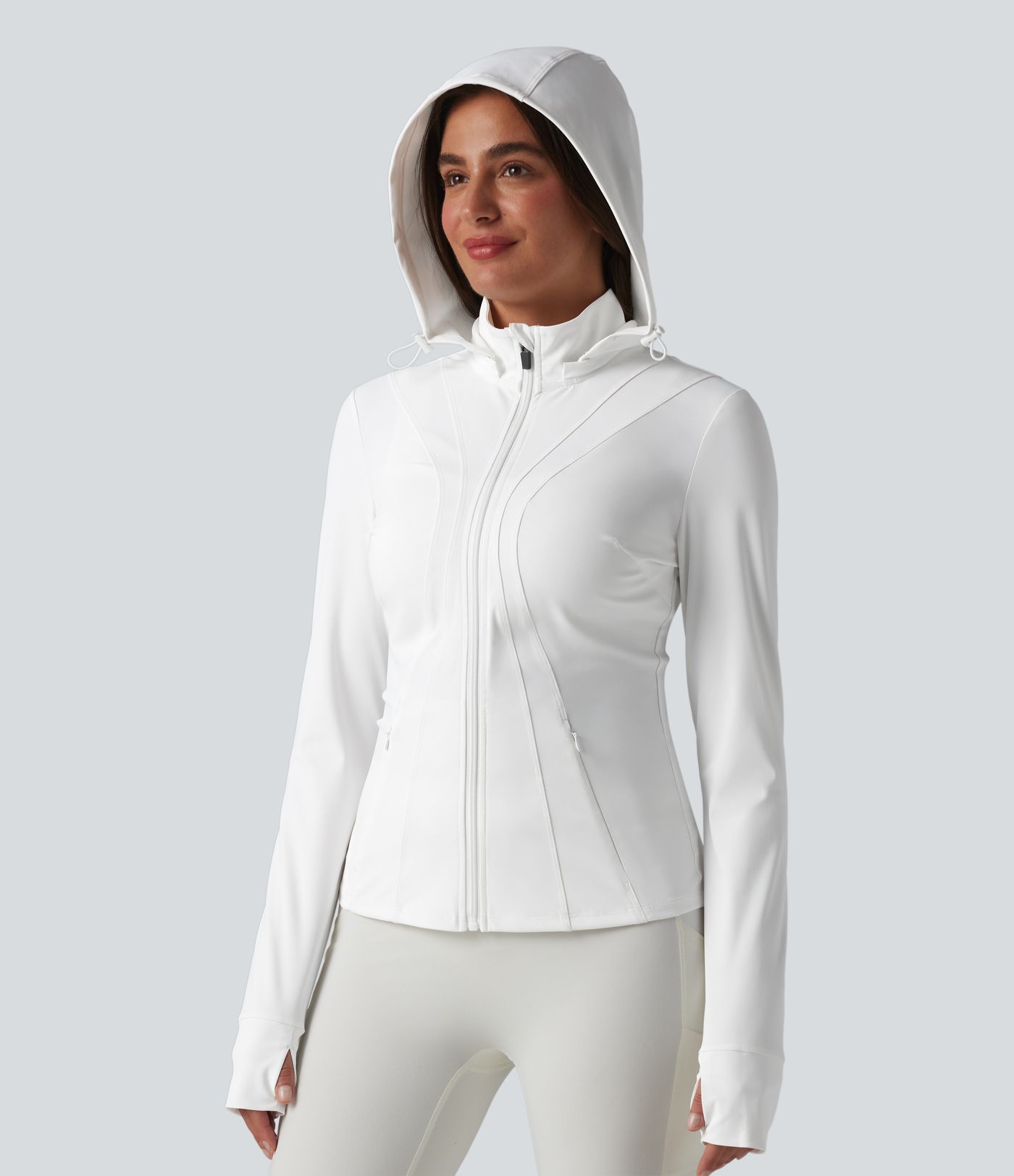 Removable Hood Thumb Holes Ruffle Hem Slim Hiking Jacket