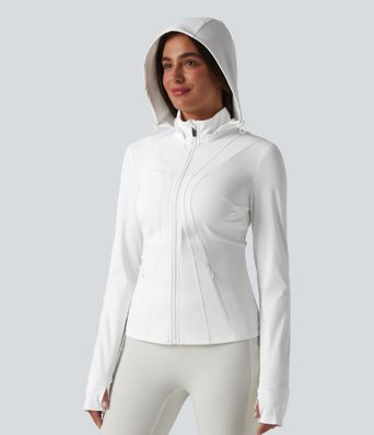 Removable Hood Thumb Holes Ruffle Hem Slim Hiking Jacket