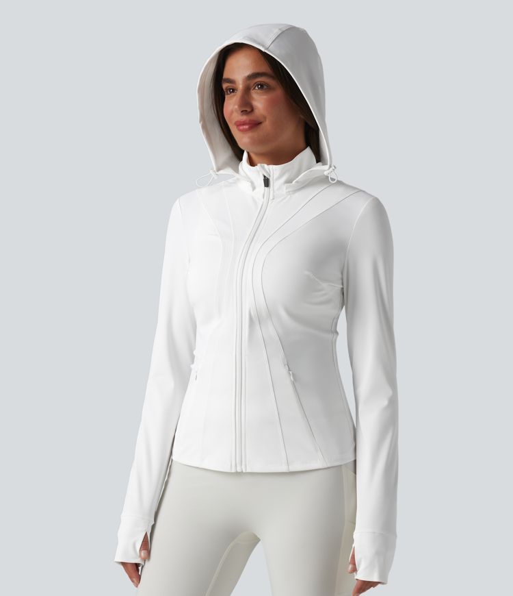 Removable Hood Thumb Holes Ruffle Hem Slim Hiking Jacket