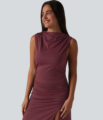 Mock Neck Sleeveless Invisible Zipper Ruched Split Midi Bodycon Casual Dress