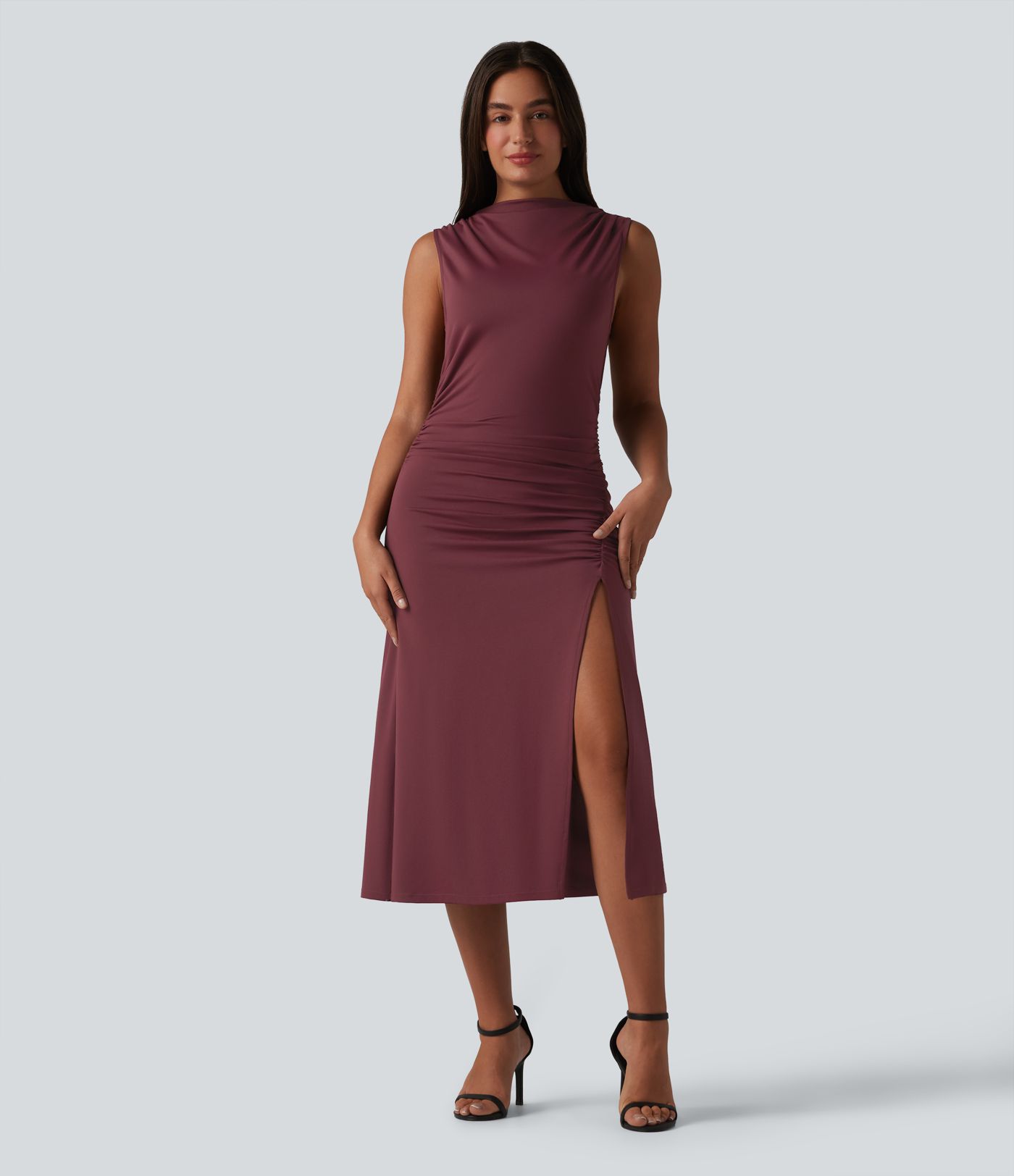 Mock Neck Sleeveless Invisible Zipper Ruched Split Midi Bodycon Casual Dress