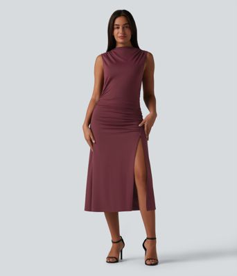 Mock Neck Sleeveless Invisible Zipper Ruched Split Midi Bodycon Casual Dress
