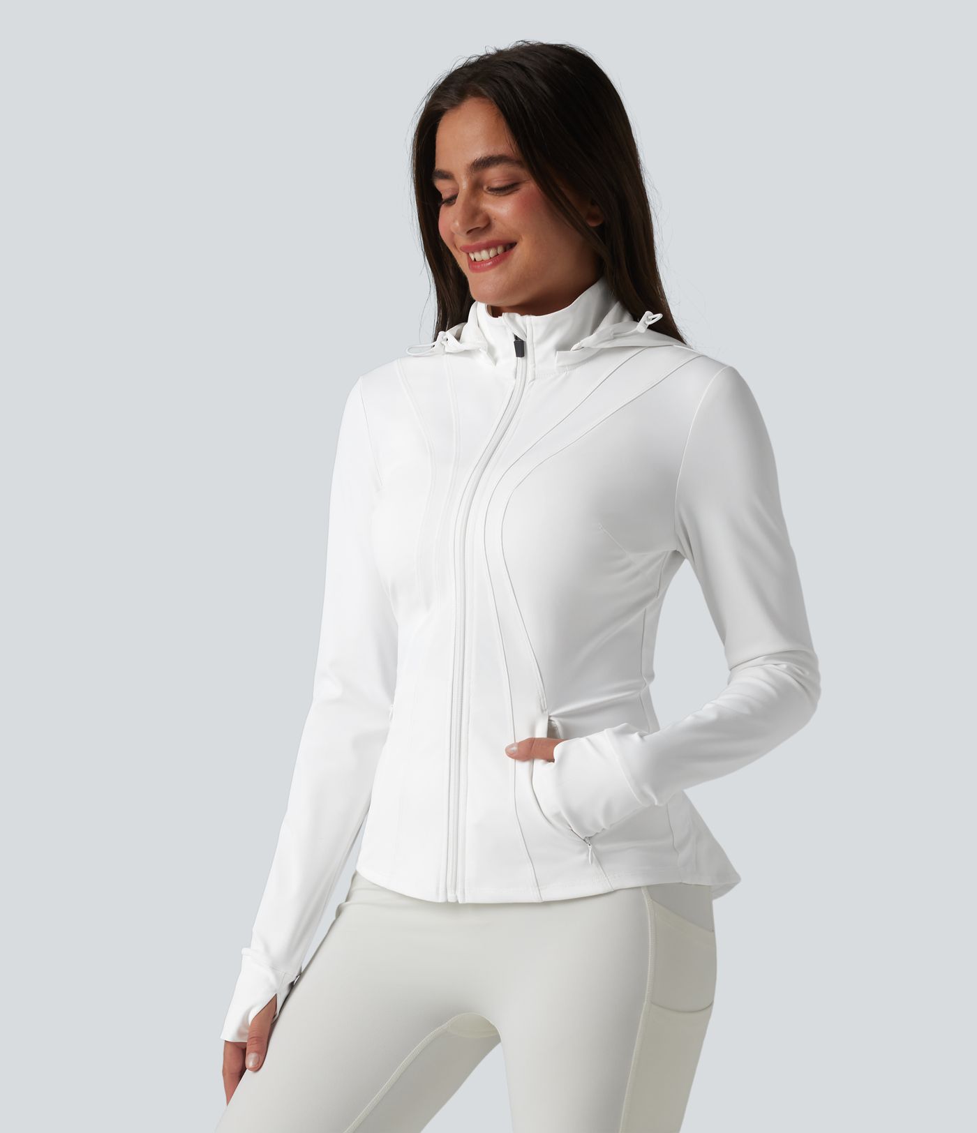 Removable Hood Thumb Holes Ruffle Hem Slim Hiking Jacket