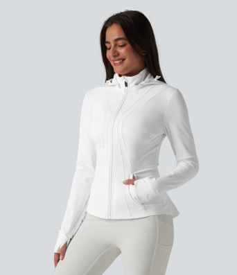 Removable Hood Thumb Holes Ruffle Hem Slim Hiking Jacket