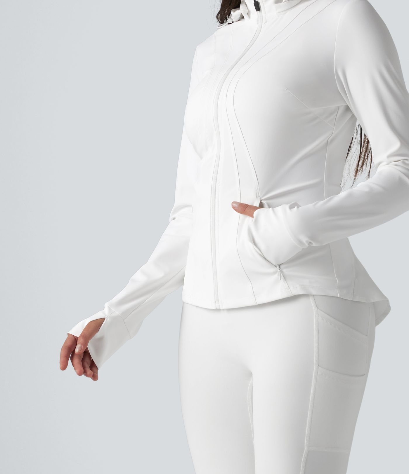 Removable Hood Thumb Holes Ruffle Hem Slim Hiking Jacket
