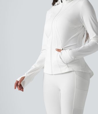 Removable Hood Thumb Holes Ruffle Hem Slim Hiking Jacket