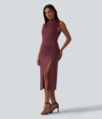 Mock Neck Sleeveless Invisible Zipper Ruched Split Midi Bodycon Casual Dress