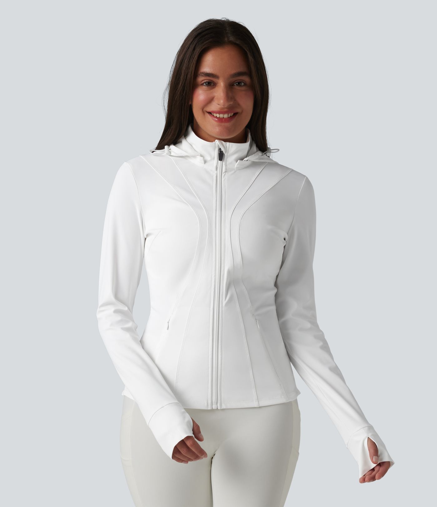Removable Hood Thumb Holes Ruffle Hem Slim Hiking Jacket