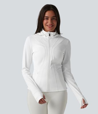 Removable Hood Thumb Holes Ruffle Hem Slim Hiking Jacket