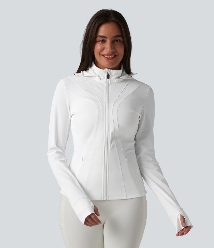 Removable Hood Thumb Holes Ruffle Hem Slim Hiking Jacket
