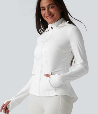 Removable Hood Thumb Holes Ruffle Hem Slim Hiking Jacket