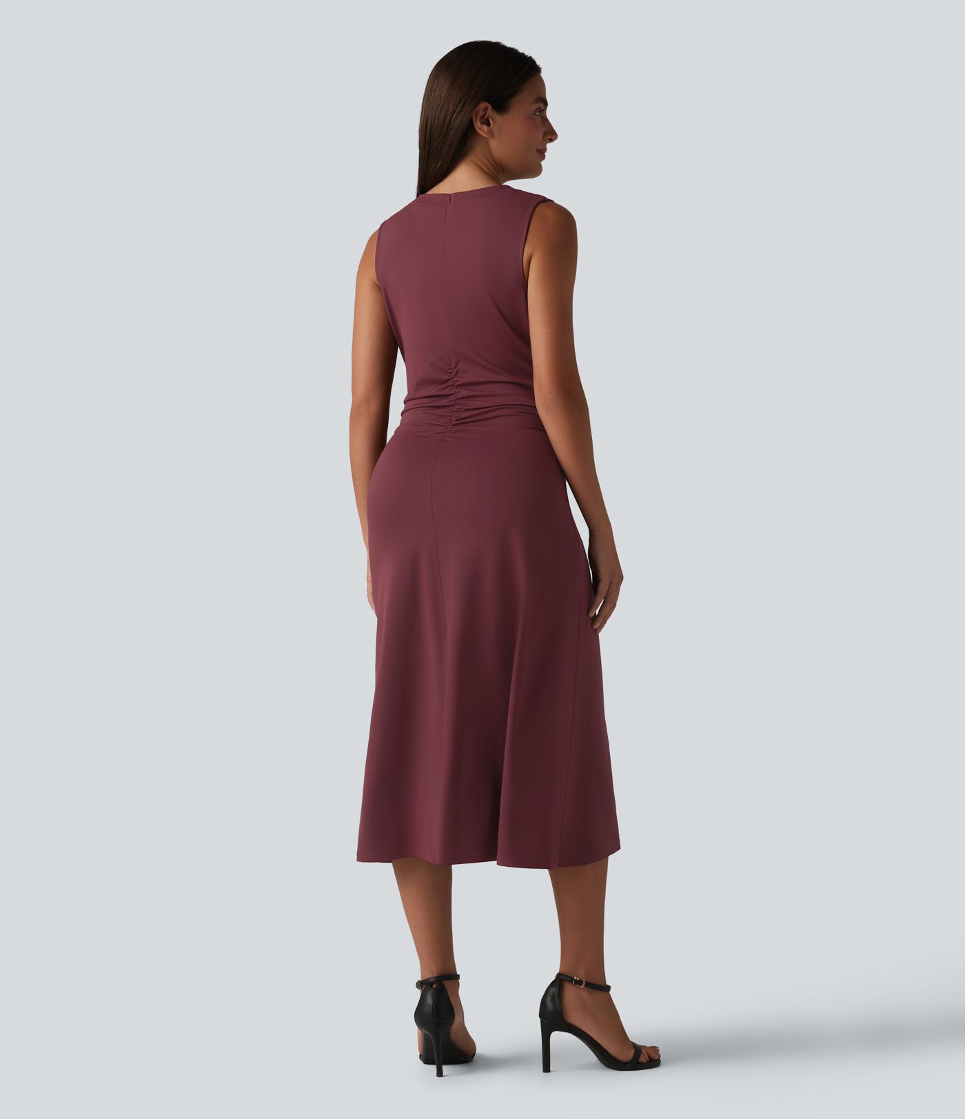 Mock Neck Sleeveless Invisible Zipper Ruched Split Midi Bodycon Casual Dress