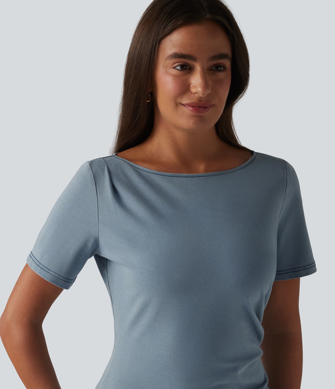 Halara Flex™ Denim Boat Neck Short Sleeve Ruched Split Midi Casual Dress