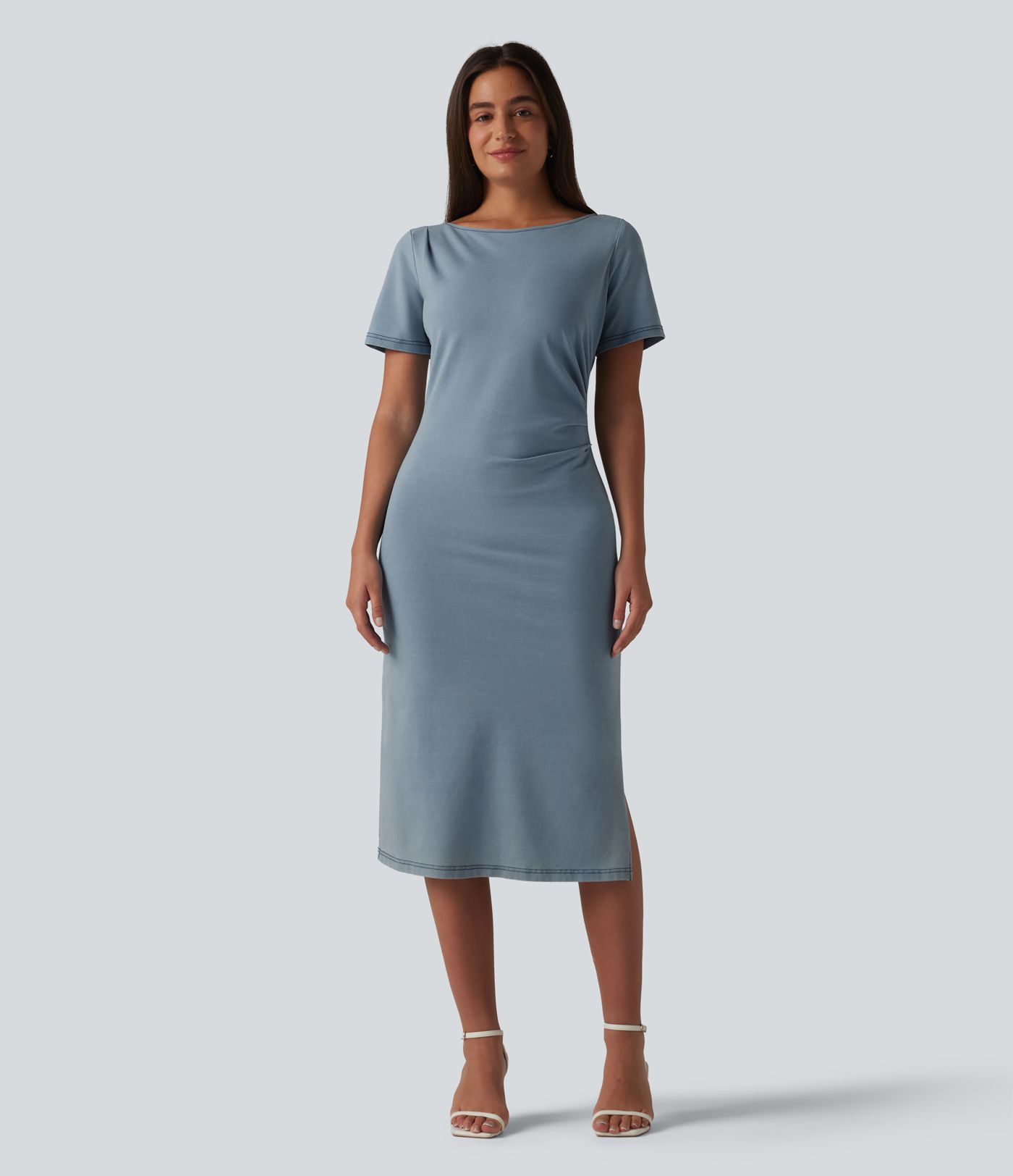 Halara Flex™ Denim Boat Neck Short Sleeve Ruched Split Midi Casual Dress
