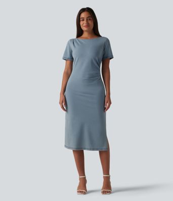 Halara Flex™ Denim Boat Neck Short Sleeve Ruched Split Midi Casual Dress