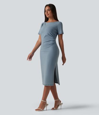 Halara Flex™ Denim Boat Neck Short Sleeve Ruched Split Midi Casual Dress