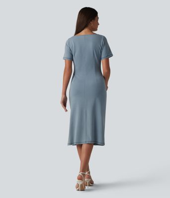 Halara Flex™ Denim Boat Neck Short Sleeve Ruched Split Midi Casual Dress