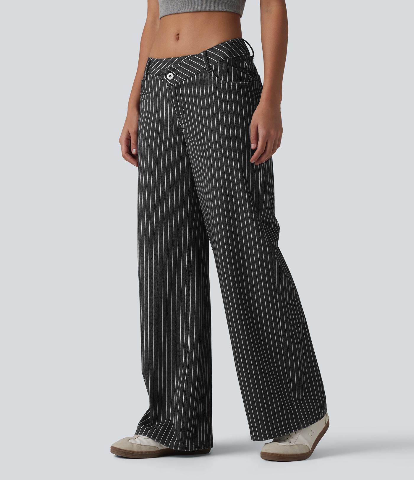Halara Flex™ Asymmetric Low Rise Wide Leg Stripe Work Jeans with Pockets