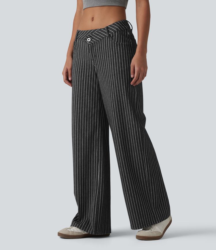 Halara Flex™ Asymmetric Low Rise Wide Leg Stripe Work Jeans with Pockets