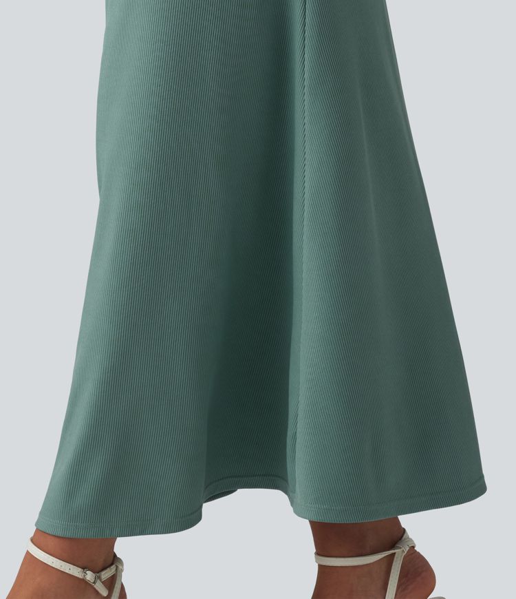 Ribbed Knit Round Neck Sleeveless Midi Casual Dress