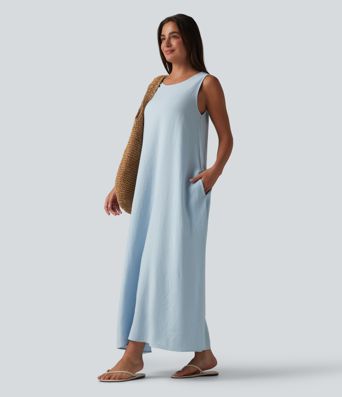 Robe débardeur midi unie sans manches à col rond et poches
