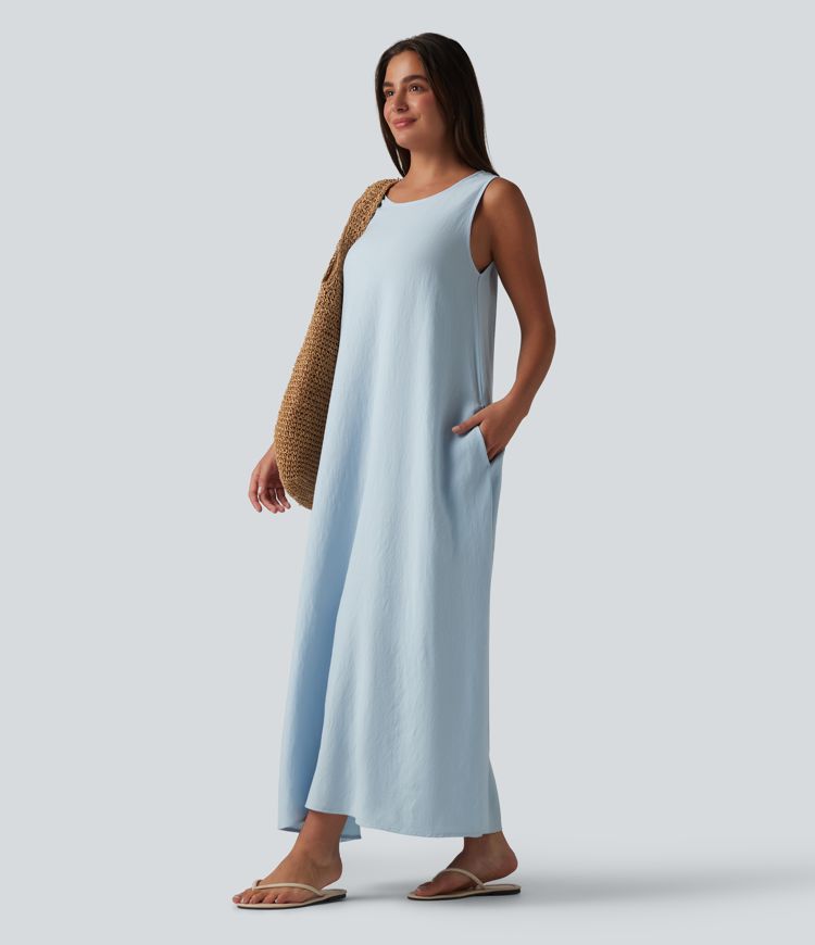 Robe débardeur midi unie sans manches à col rond et poches