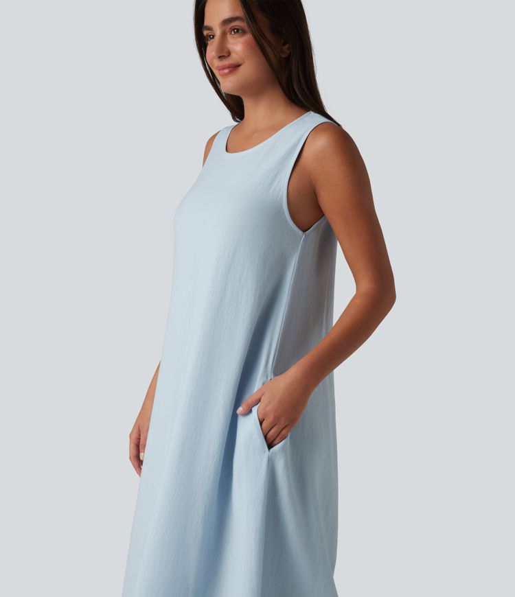 Robe débardeur midi unie sans manches à col rond et poches