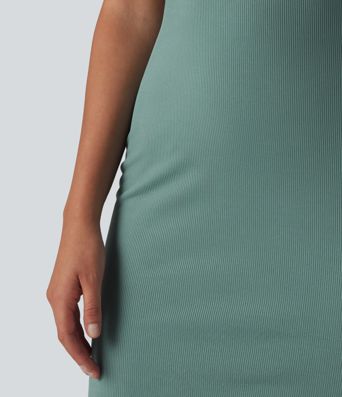 Ribbed Knit Round Neck Sleeveless Midi Casual Dress