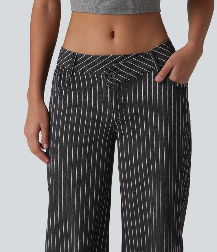 Halara Flex™ Asymmetric Low Rise Wide Leg Stripe Work Jeans with Pockets