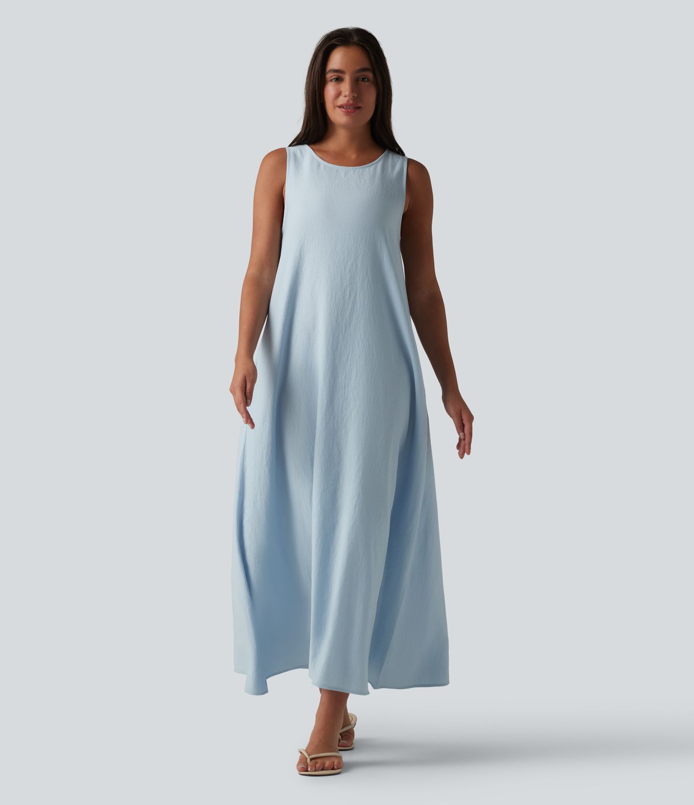 Robe débardeur midi unie sans manches à col rond et poches