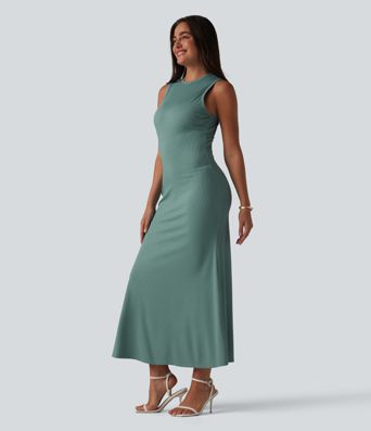Ribbed Knit Round Neck Sleeveless Midi Casual Dress