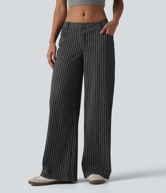Halara Flex™ Asymmetric Low Rise Wide Leg Stripe Work Jeans with Pockets