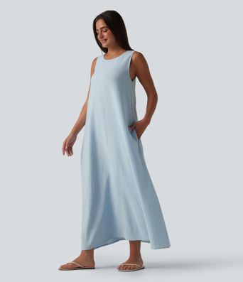 Robe débardeur midi unie sans manches à col rond et poches