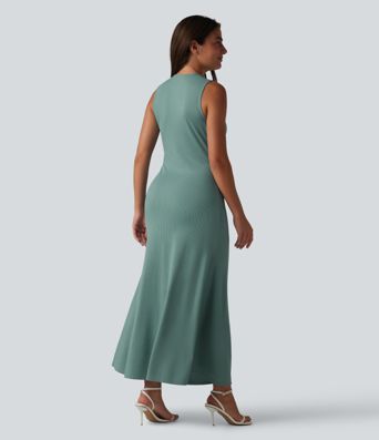 Ribbed Knit Round Neck Sleeveless Midi Casual Dress