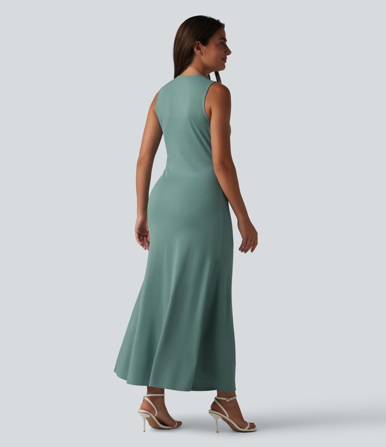 Ribbed Knit Round Neck Sleeveless Midi Casual Dress