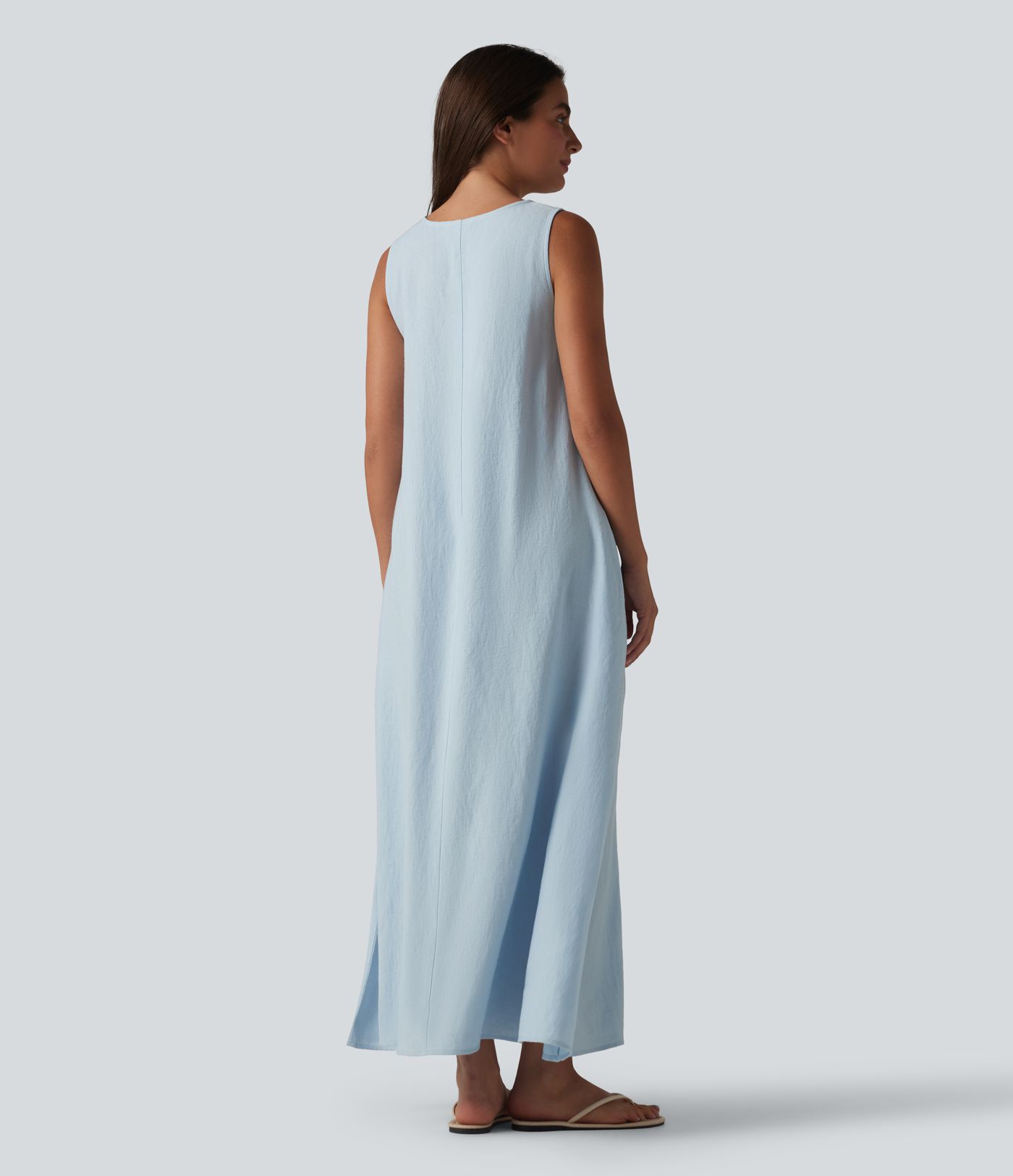 Robe débardeur midi unie sans manches à col rond et poches