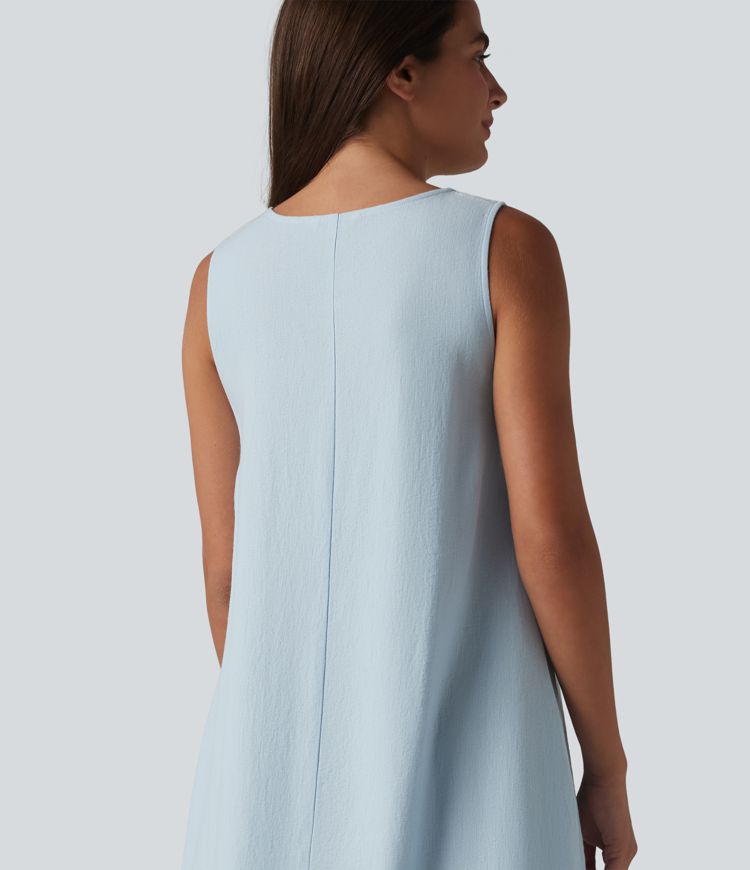 Robe débardeur midi unie sans manches à col rond et poches