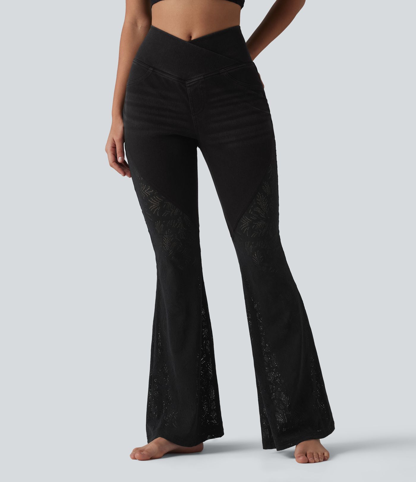 Halara Flex™ High Waisted Tummy Control Crossover Contrast Lace Flare Casual Jeans with Pockets