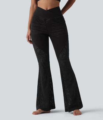 Halara Flex™ High Waisted Tummy Control Crossover Contrast Lace Flare Casual Jeans with Pockets