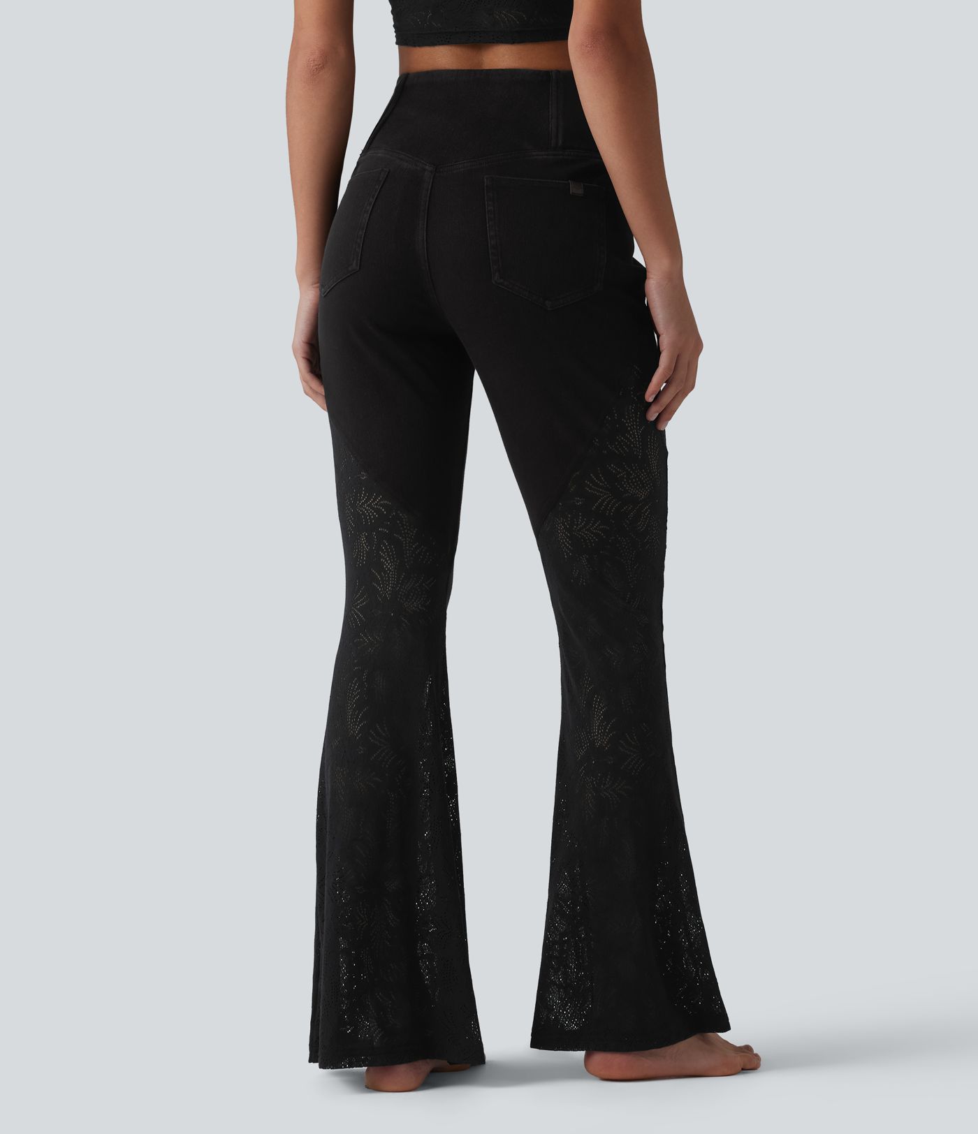 Halara Flex™ High Waisted Tummy Control Crossover Contrast Lace Flare Casual Jeans with Pockets