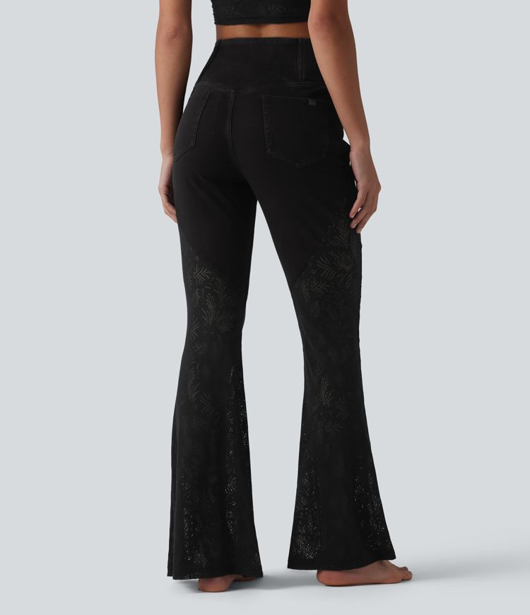 Halara Flex™ High Waisted Tummy Control Crossover Contrast Lace Flare Casual Jeans with Pockets