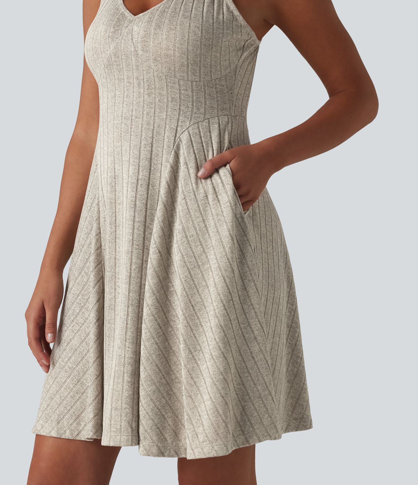 Ribbed Knit V-neck Flare Mini Casual Slip Dress with Pockets