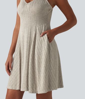 Ribbed Knit V-neck Flare Mini Casual Slip Dress with Pockets