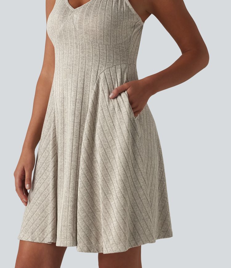 Ribbed Knit V-neck Flare Mini Casual Slip Dress with Pockets