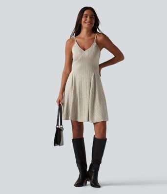 Ribbed Knit V-neck Flare Mini Casual Slip Dress with Pockets
