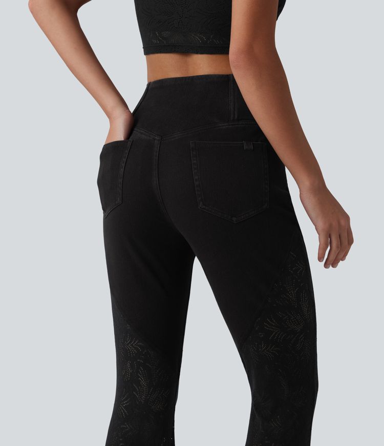 Halara Flex™ High Waisted Tummy Control Crossover Contrast Lace Flare Casual Jeans with Pockets