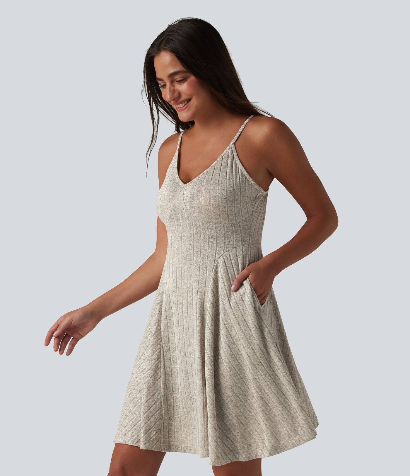 Ribbed Knit V-neck Flare Mini Casual Slip Dress with Pockets