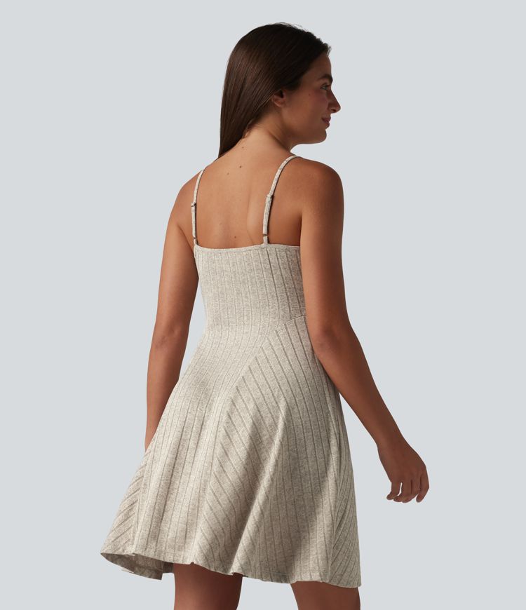 Ribbed Knit V-neck Flare Mini Casual Slip Dress with Pockets